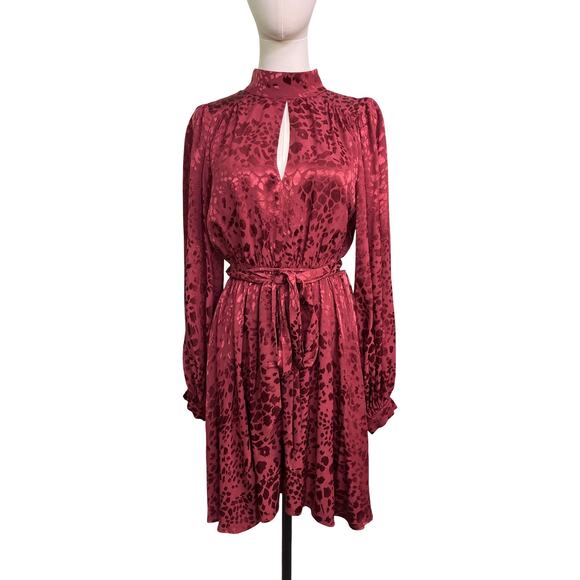 Anthropologie Jacquard Leopard Dress Burgundy Open Back Tie Waist Womens S Party - Picture 2 of 12